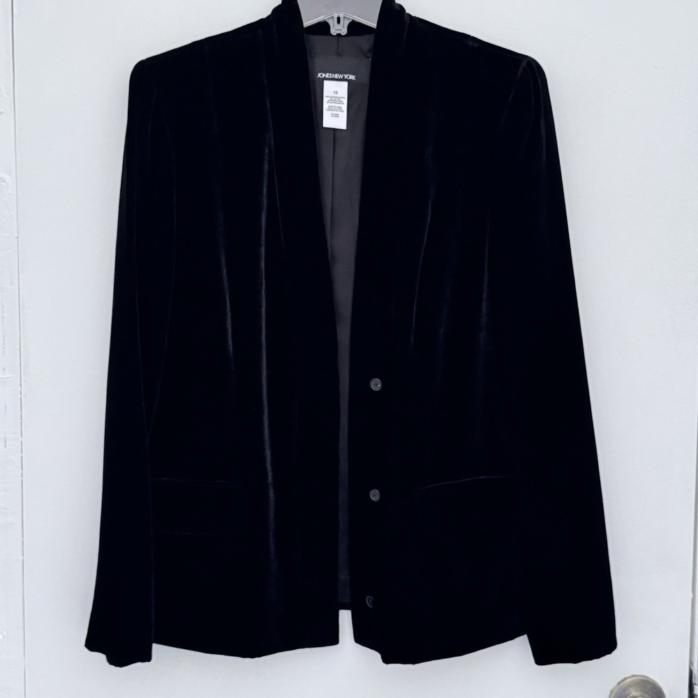 JONES NEW YORK Blazer Womens 10 Black Velvet Lined Padded Shoulder Preppy Office